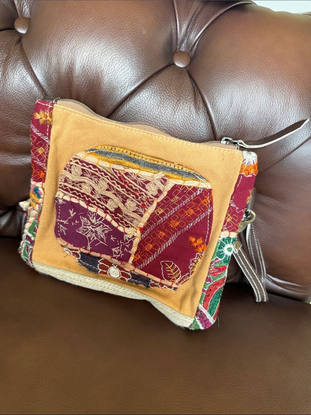 HopoFly Boho Patchwork Wristlet Bag in canvas & pony hair/embroidery detail